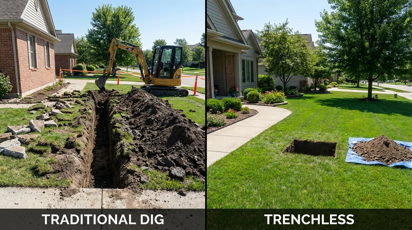 Trenchless sewer repair with minimal yard damage versus traditional excavation in Greenfield, MO