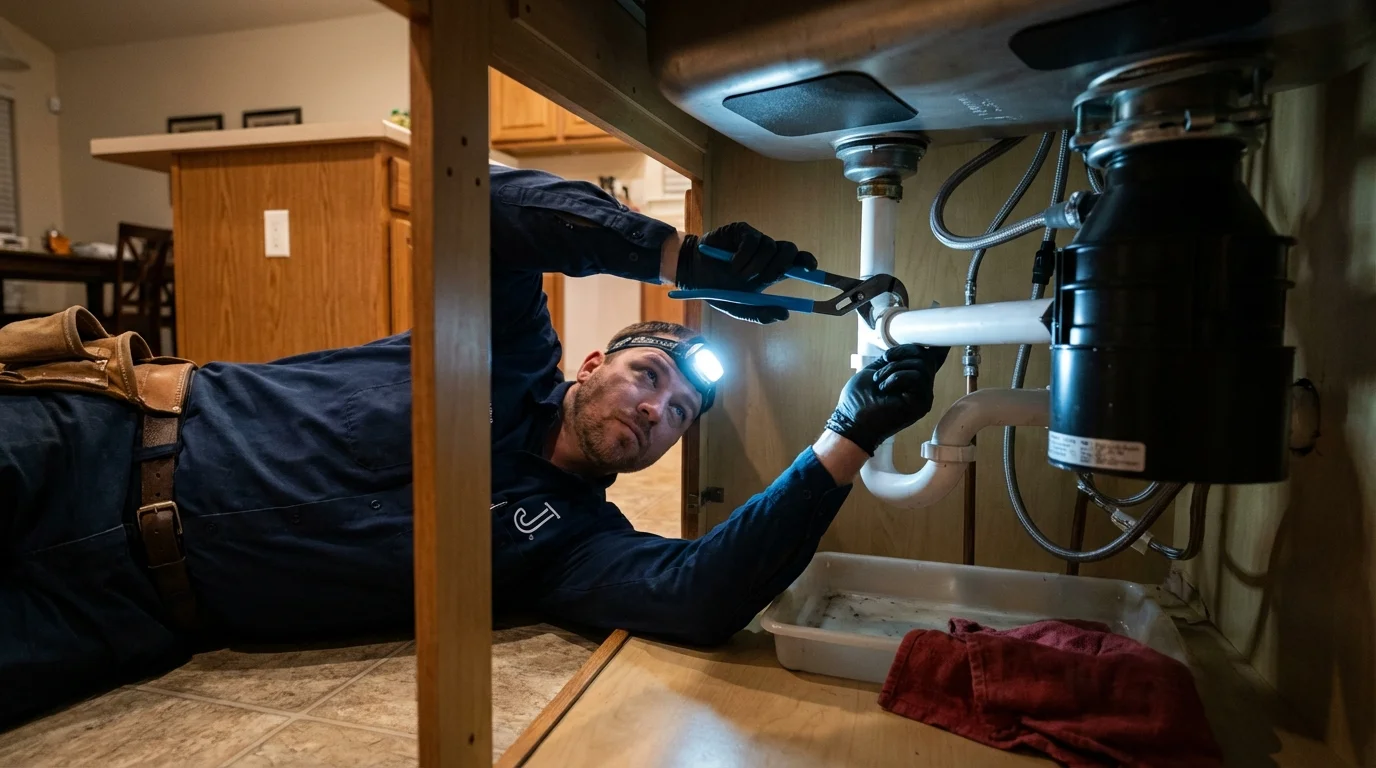 P-trap and supply line connections under a kitchen sink showing a common leak point in Greenfield, MO